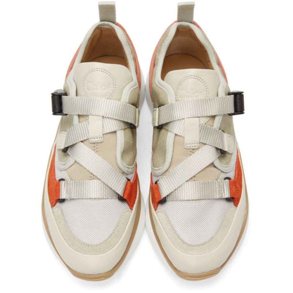 Chloe Sonnie Low Top Sneakers Multicolor Cream Orange Tan With Buckle